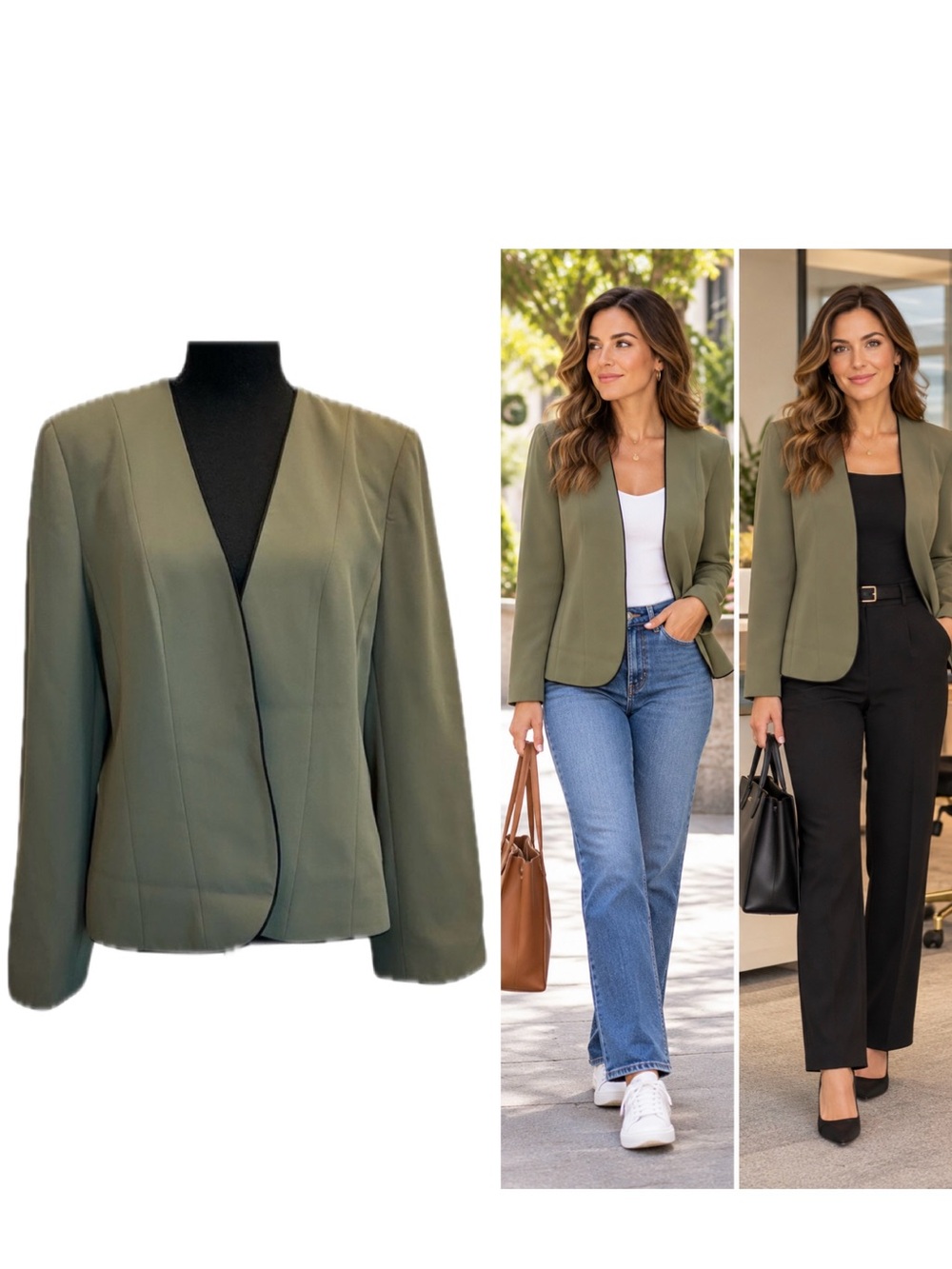 Jacques Vert Olive Green Black Trim Open Front Blazer Jacket Sz 12 Career